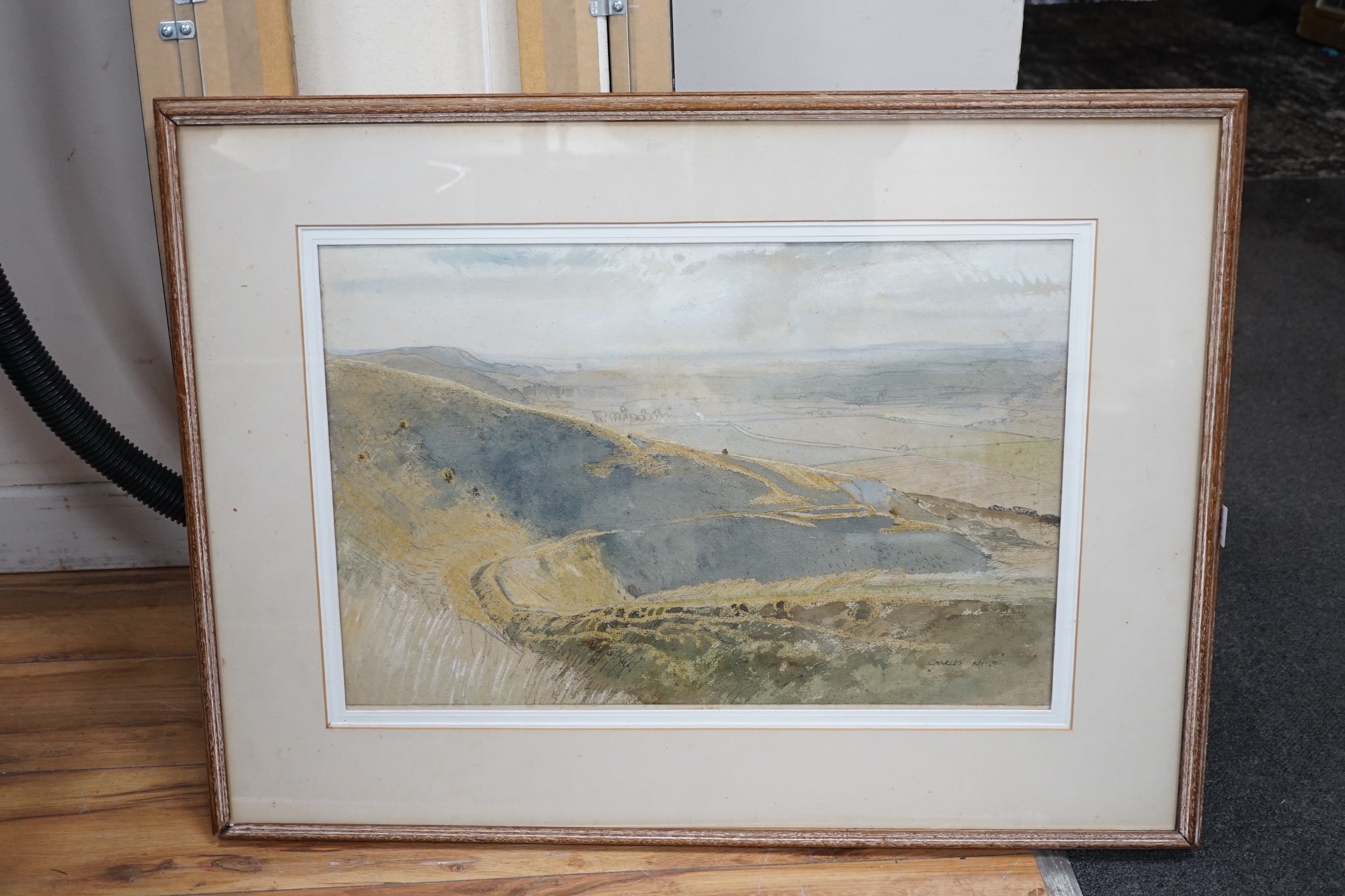 Charles Knight (1901-1990), watercolour, 'The Sculptured Downs', signed with artist label verso, 36 x 55cm